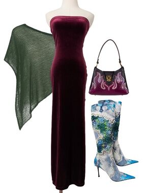 Vintage Red Velvet Maxi Dress Strapless Size XS Bodycon Formal Tube